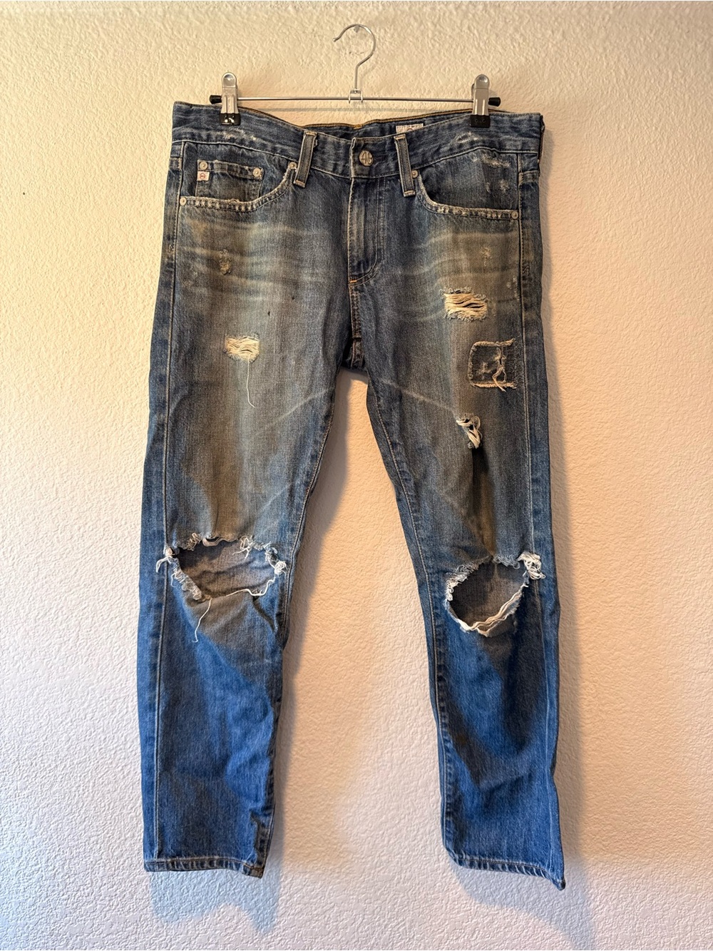 Ag Adriano Goldschmied Men's Distressed Blue Slim Straight Jeans